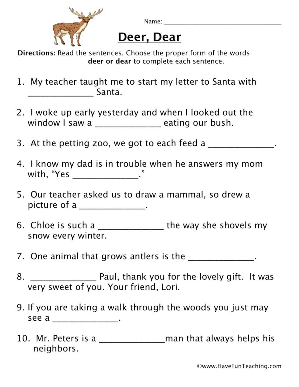 Homophone practice: 10 sentences choosing deer or dear, including a letter to Santa and an animal with antlers