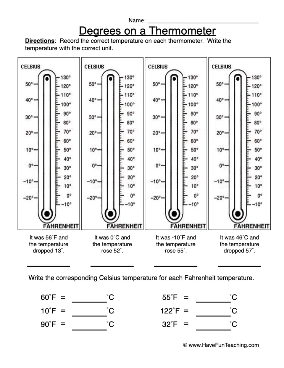 Reading thermometers: students find temperatures after rises and drops on 4 thermometers, then convert 6 °F values to °C