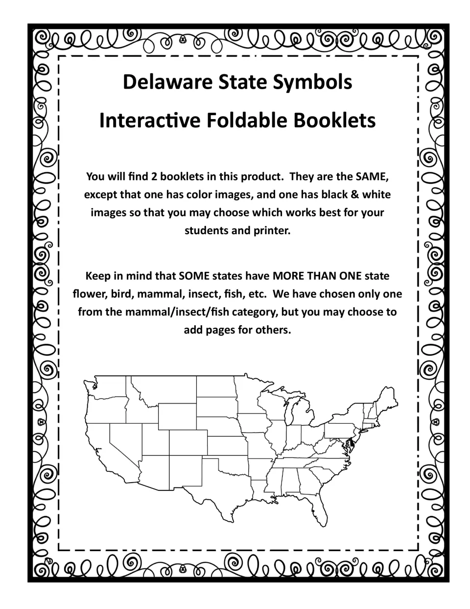 Teacher notes: two identical booklets, one in color and one black and white, plus a US outline map with Delaware shaded
