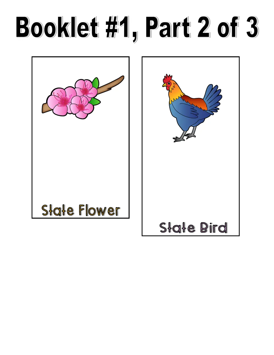 Color booklet 1, part 2: cut-out flower page with pink blossom branch and bird page with a hen for naming each symbol