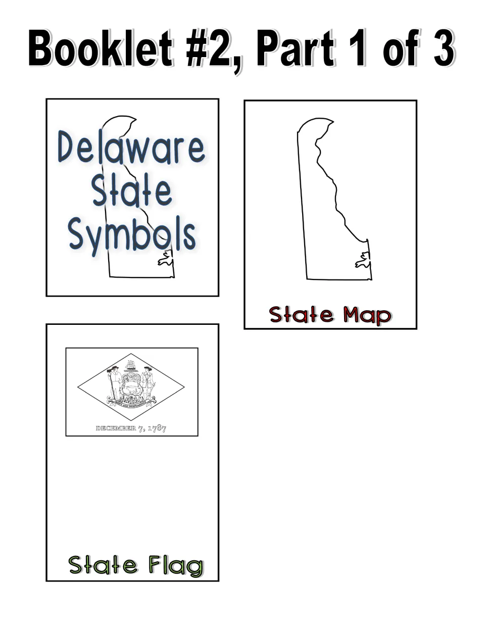 Black-and-white booklet 2, part 1: title page, outline state map and flag page dated December 7, 1787, ready to color in