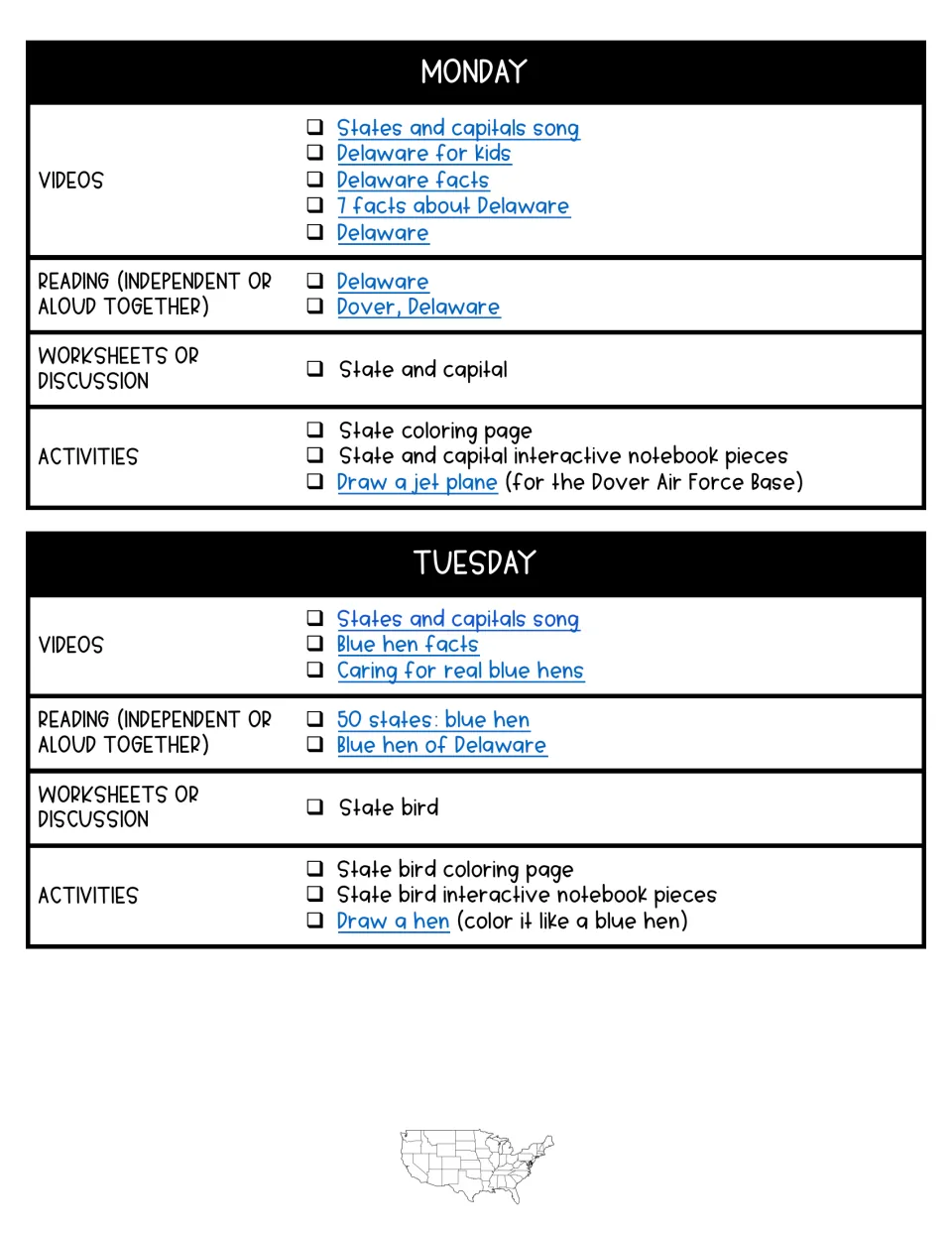 Monday and Tuesday plans: videos, readings, worksheets and activities on Delaware and Dover, then the blue hen state bird