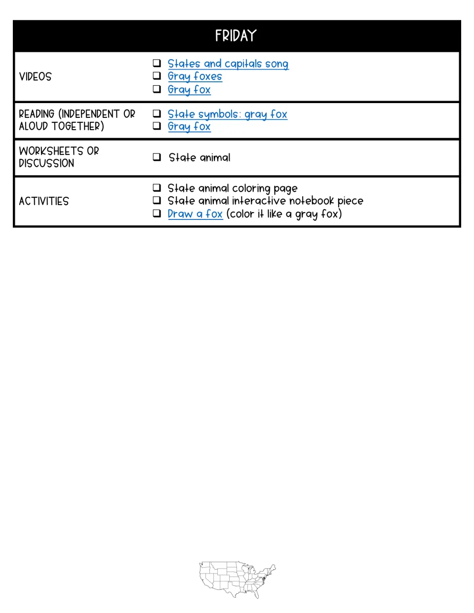 Friday plan on the gray fox state animal: videos, readings, a worksheet, coloring page and draw-a-fox activity