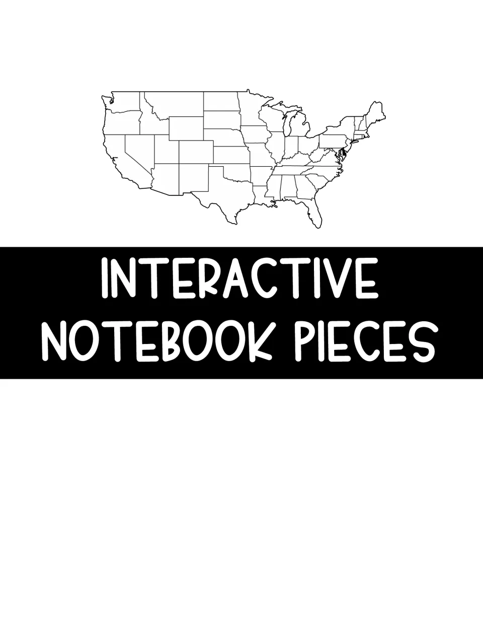 Section divider titled Interactive Notebook Pieces above an outline map of the United States with Delaware shaded