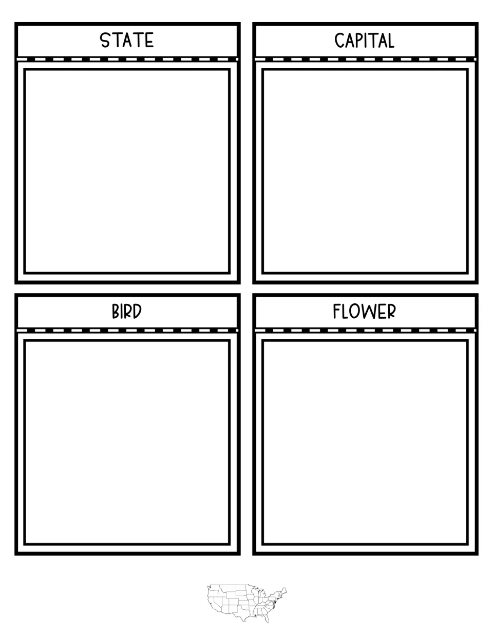 Interactive notebook flaps to fold, labeled State, Capital, Bird and Flower, with blank space for students to fill in
