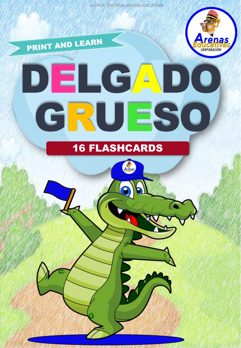 Cover of a 16-card Spanish flashcard set introducing delgado (thin) and grueso (fat).