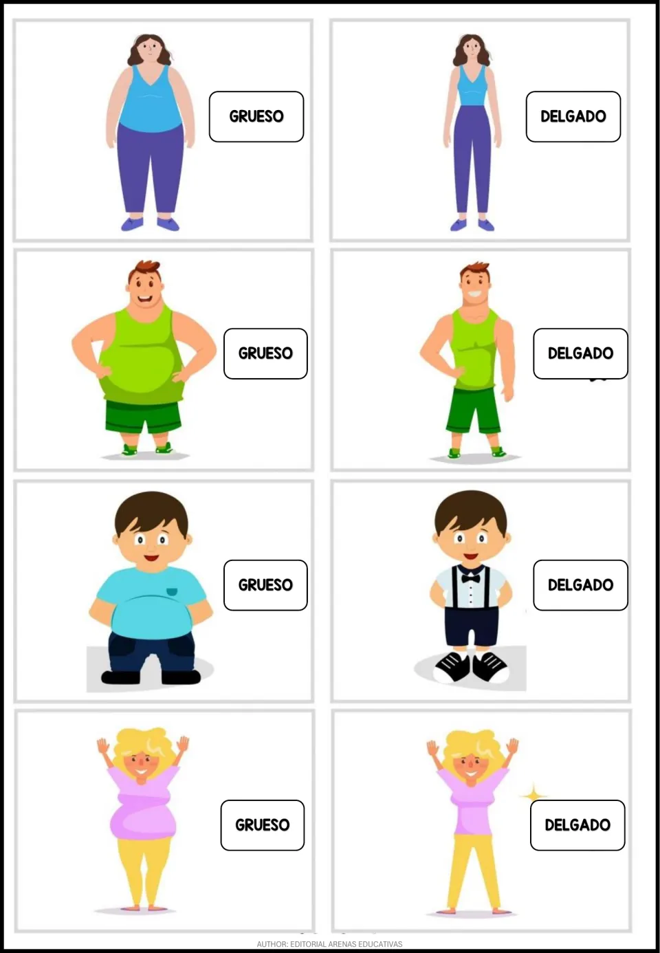 Spanish flashcards: eight cards showing adults and children labeled grueso (fat) or delgado (thin).
