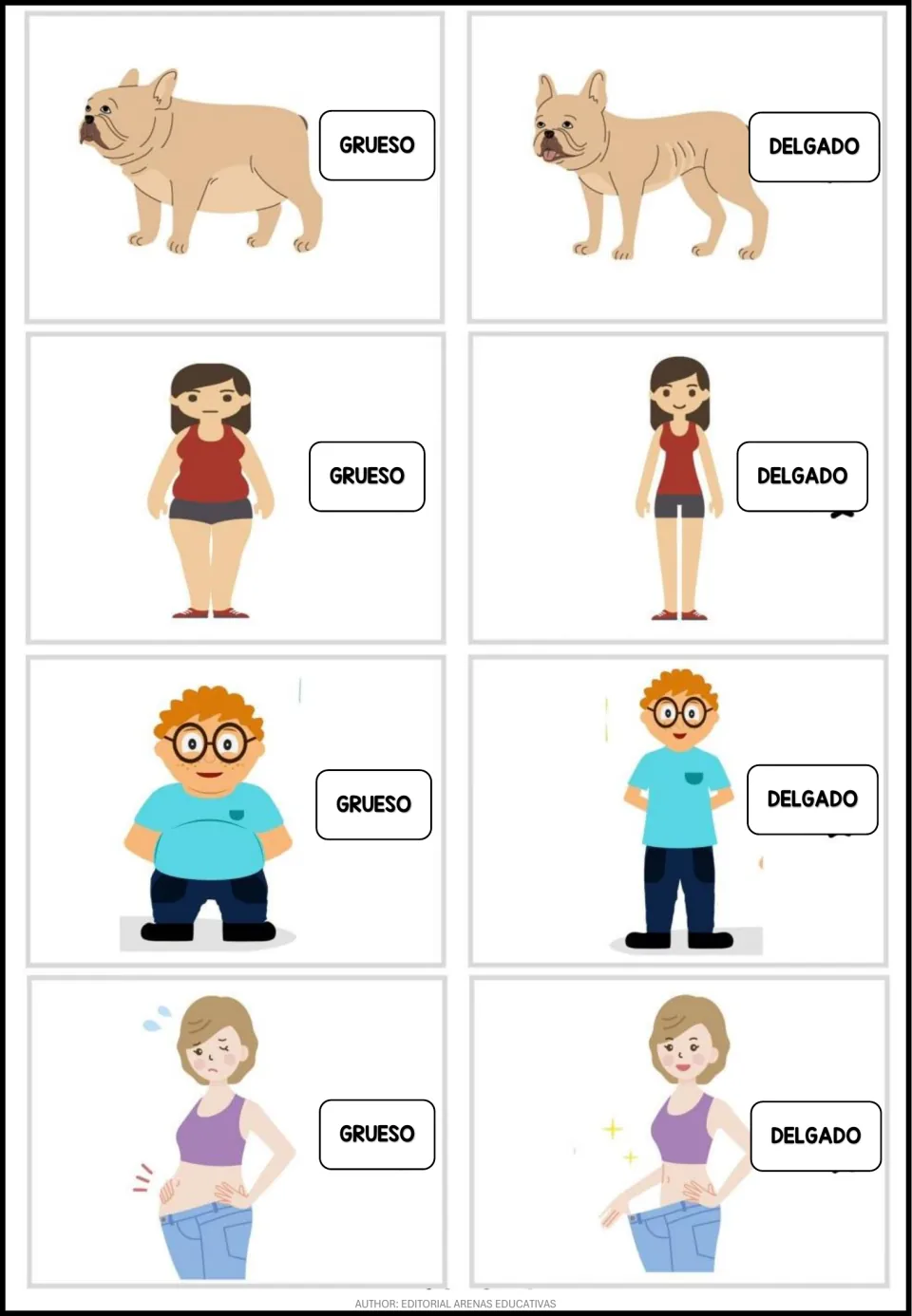 Spanish flashcards: eight cards showing dogs, women, and a boy labeled grueso (fat) or delgado (thin).
