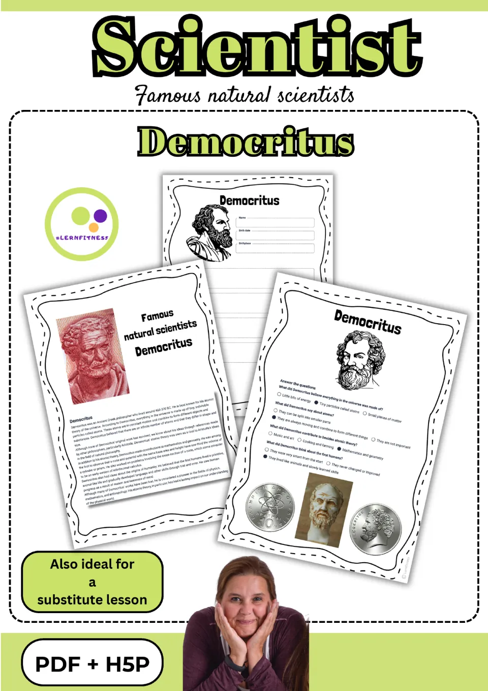 Cover of the Democritus packet showing reading, profile, and quiz samples and the formats PDF + H5P