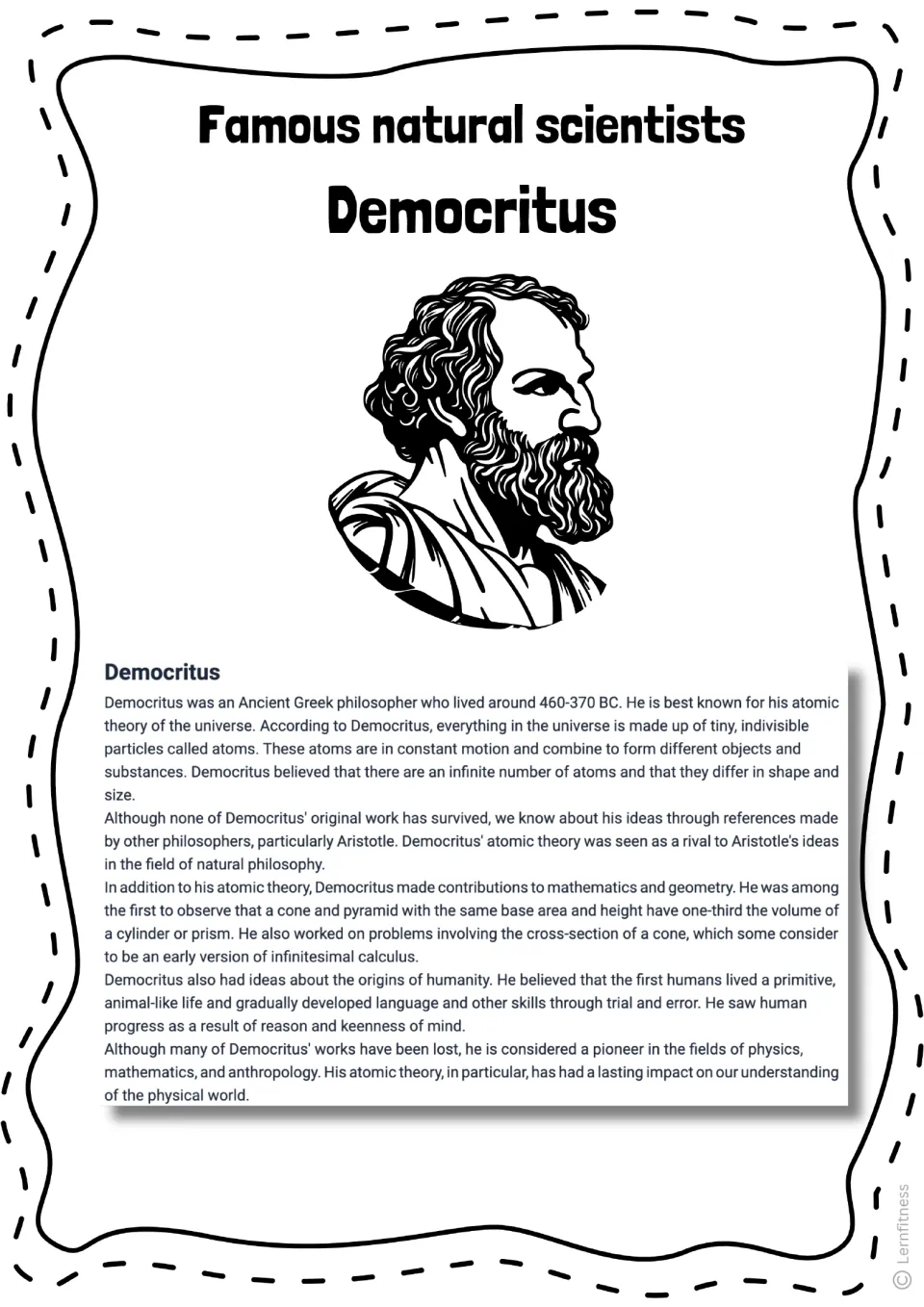 Democritus reading passage on atoms, geometry, and early humans, illustrated with a black-and-white portrait