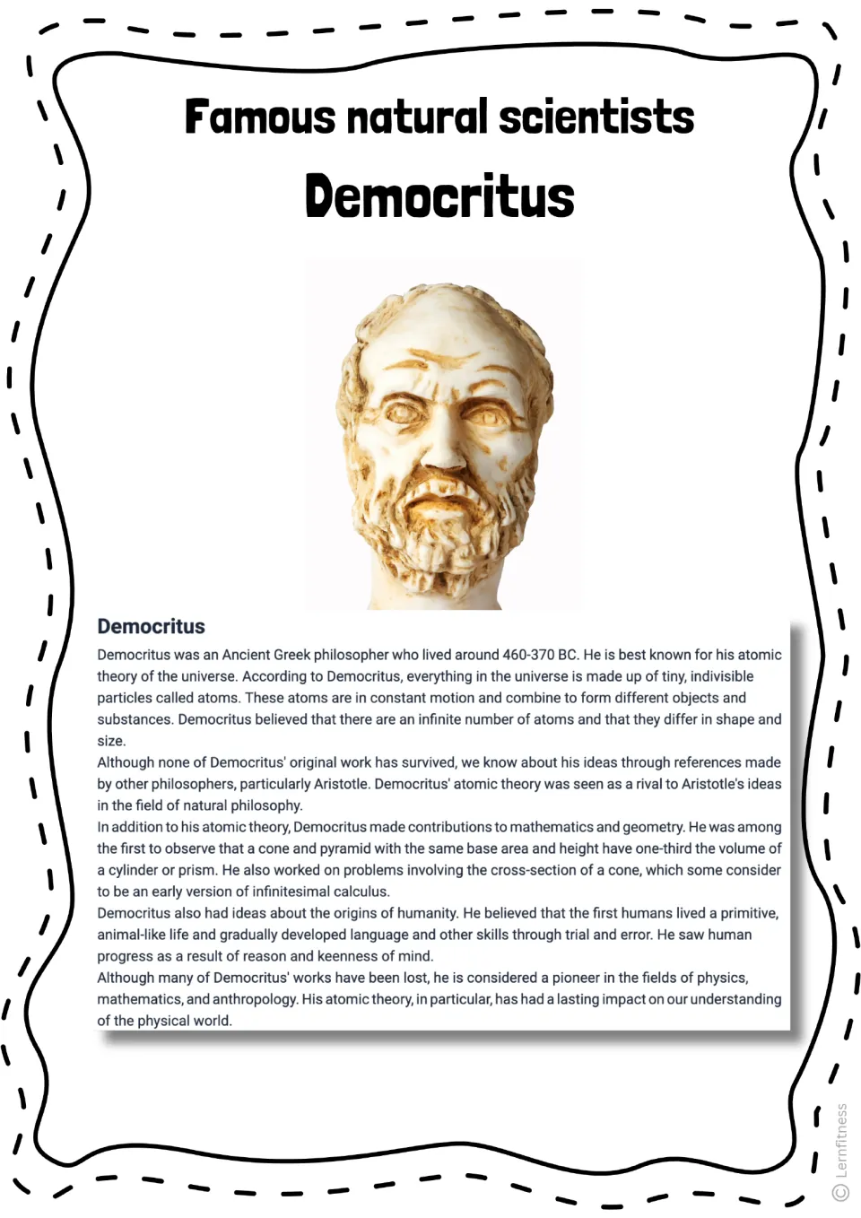Democritus reading passage on atoms, geometry, and early humans, illustrated with a photograph of a bust