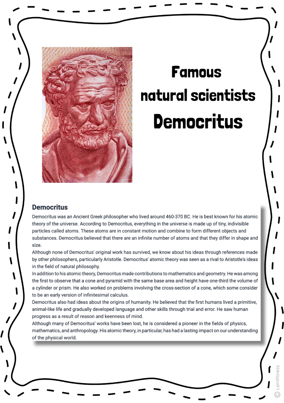 Democritus reading passage on atoms, geometry, and early humans, illustrated with a red engraved portrait