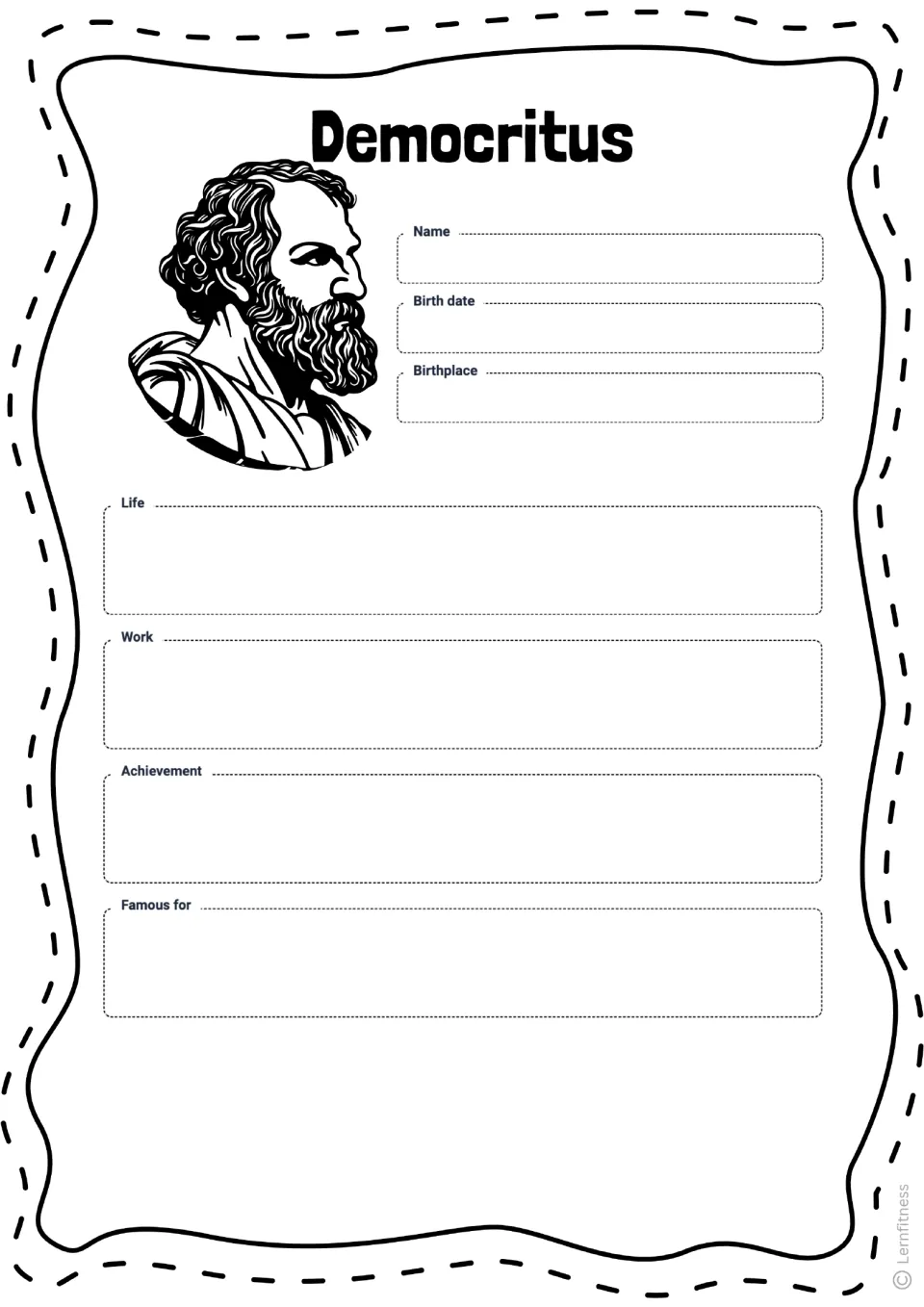 Democritus profile activity asking for name, birth date, birthplace, life, work, achievement, and fame