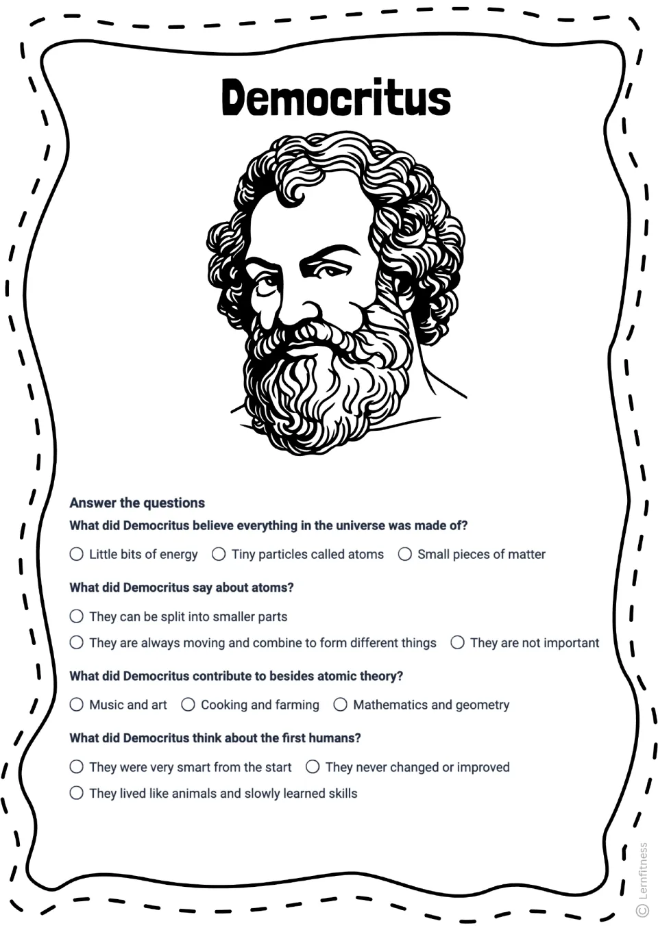 Democritus quiz with four multiple-choice questions about atoms, their motion, geometry, and early humans