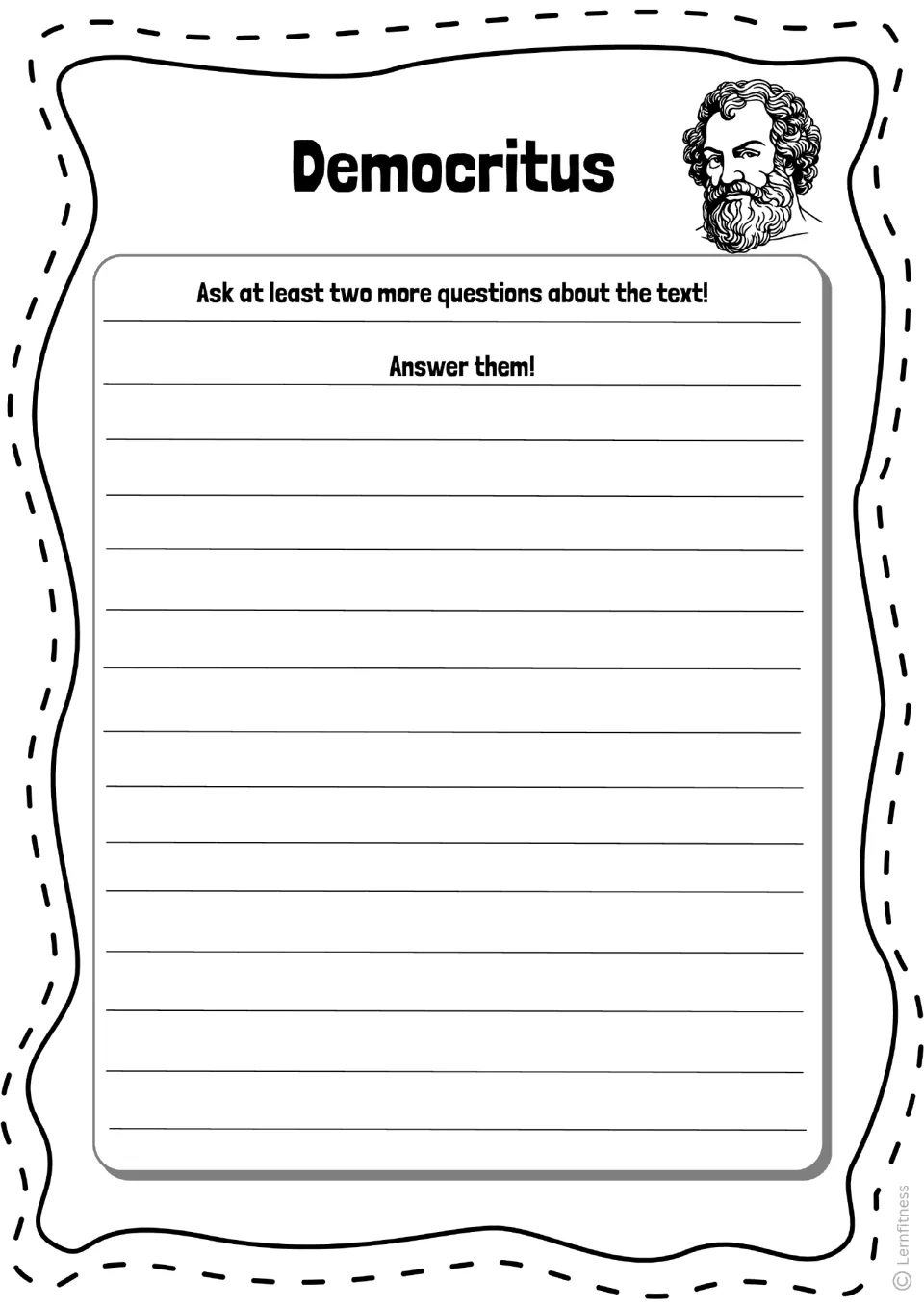 Democritus extension task asking students to write at least two more questions about the text and answer them