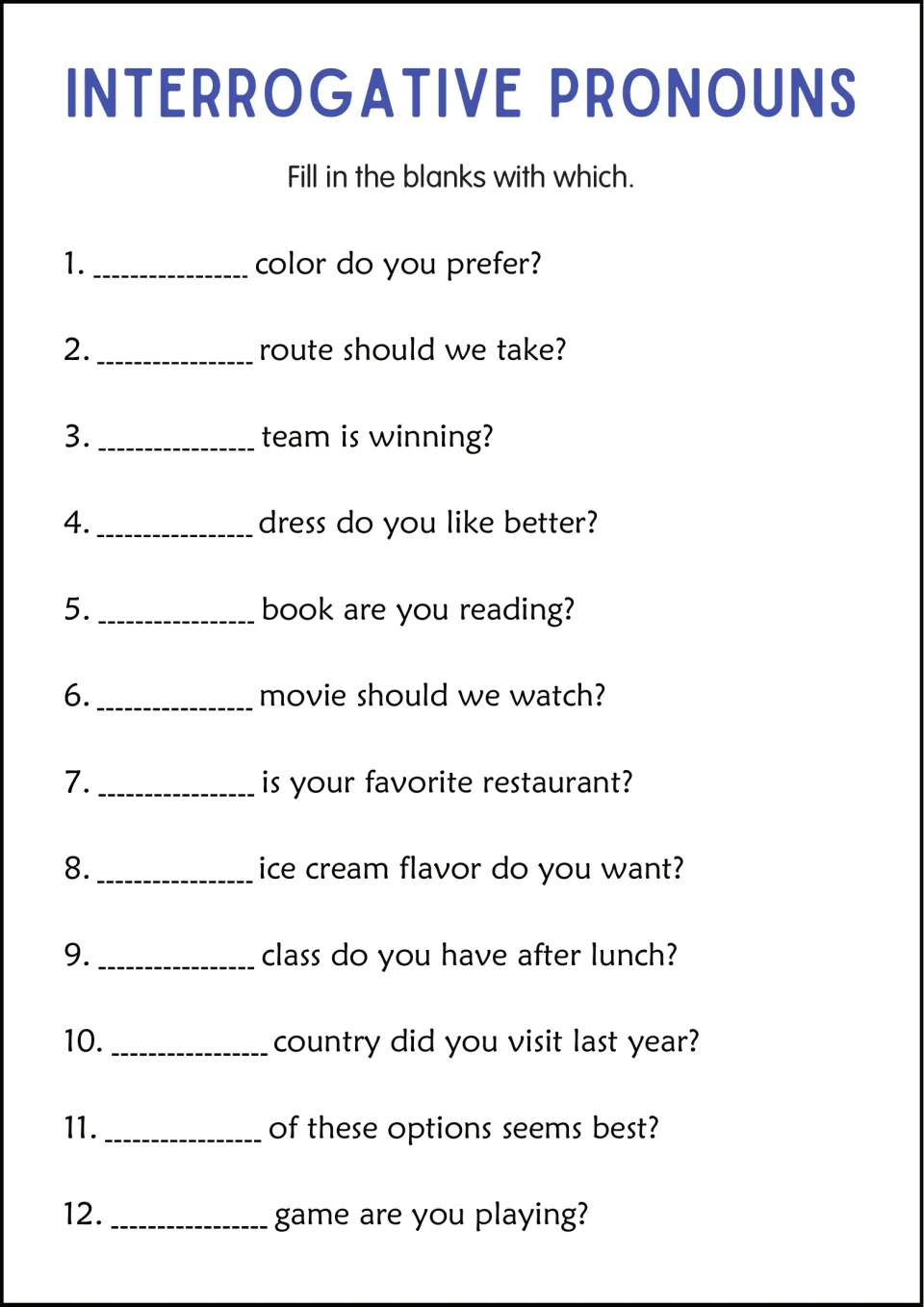 Asking with which: students complete 12 choice questions about colors, routes, teams, ice cream flavors and games