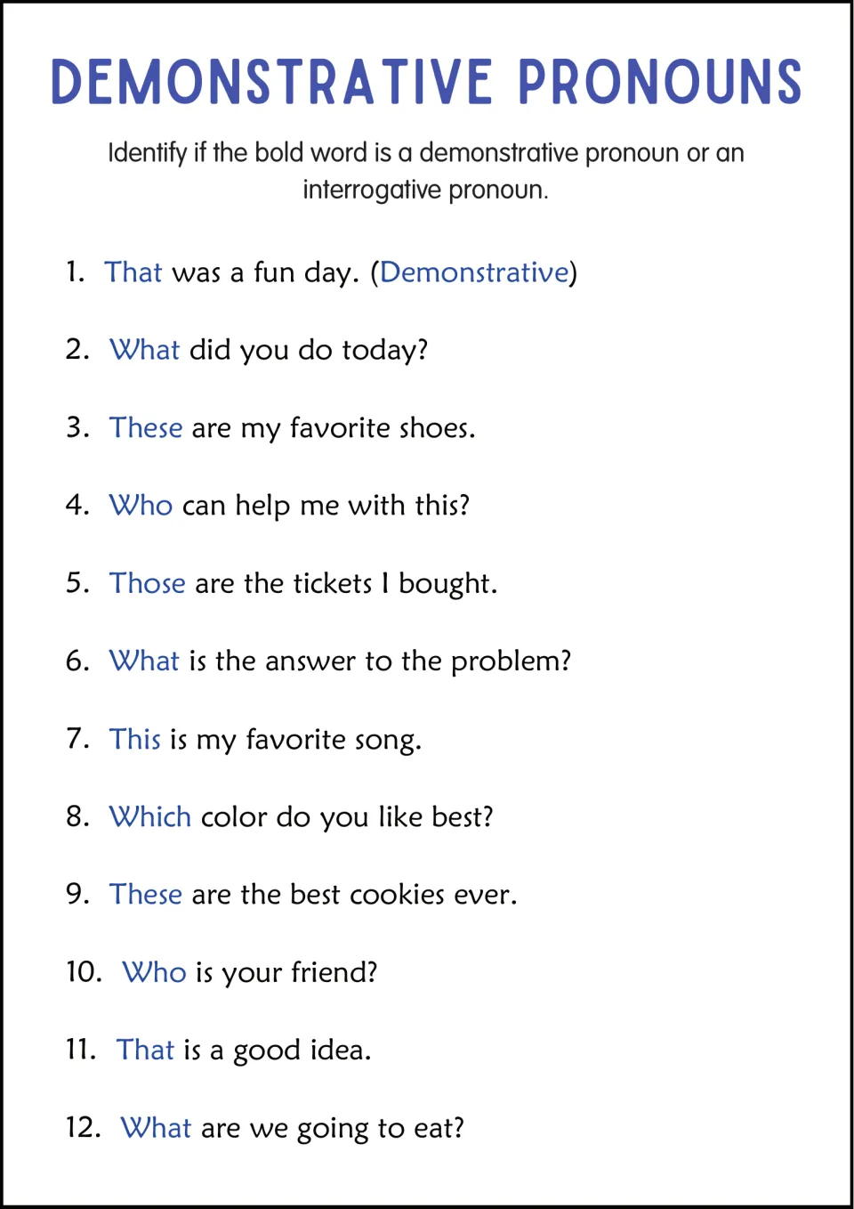 Pronoun types: students label the highlighted word in 12 sentences as demonstrative or interrogative; first one modeled