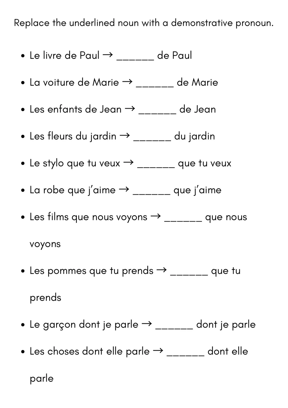 Noun replacement: students rewrite 10 phrases like "Le livre de Paul" by swapping the noun for a demonstrative pronoun