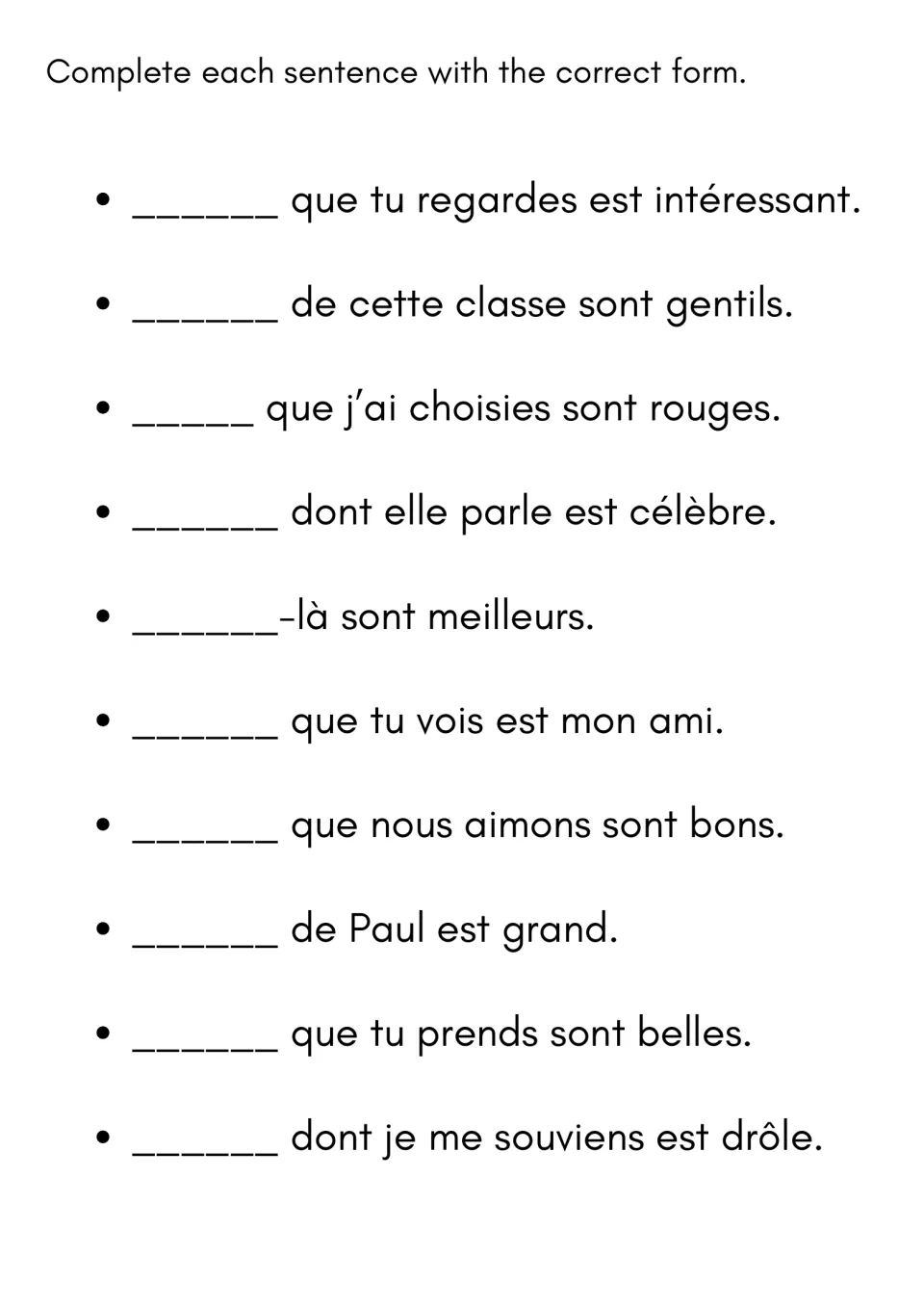 Mixed review: students complete 10 French sentences with the correct pronoun form, including one ending in -là