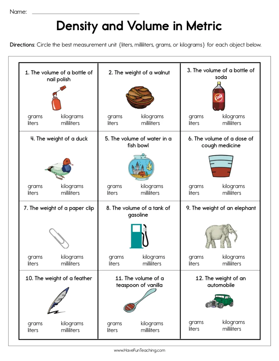 Choosing metric units: students circle grams, kilograms, liters or milliliters for 12 objects like a duck and a feather