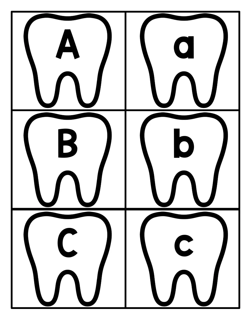 Letters A to C on tooth-shaped cards: uppercase and lowercase pairs Aa, Bb and Cc for matching capital to small letters