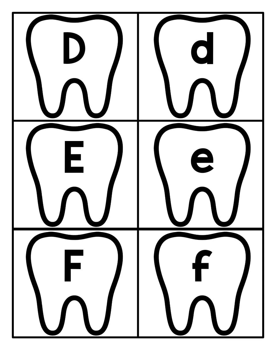 Letters D to F on tooth-shaped cards: students match capital D, E and F with lowercase d, e and f for letter recognition
