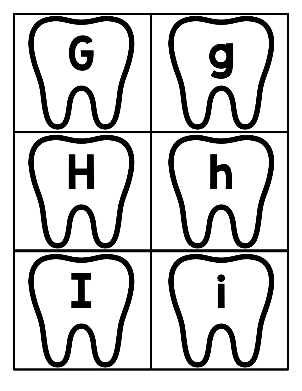 Tooth cards for G, H and I: each capital letter sits beside its lowercase partner for upper and lowercase letter matching