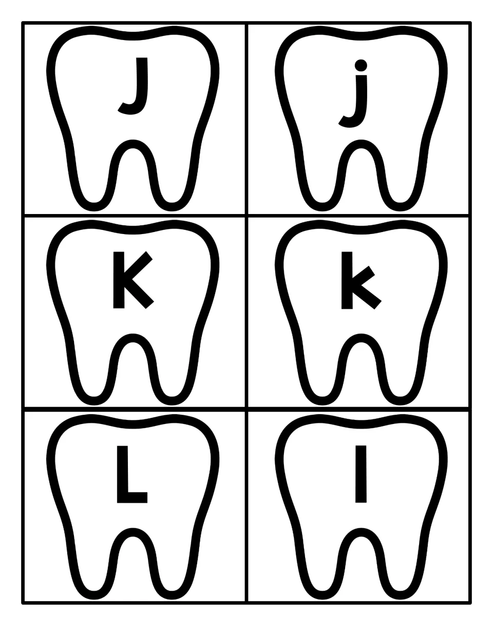 Letters J, K and L: six tooth cards pairing each uppercase letter with its lowercase form for letter identification