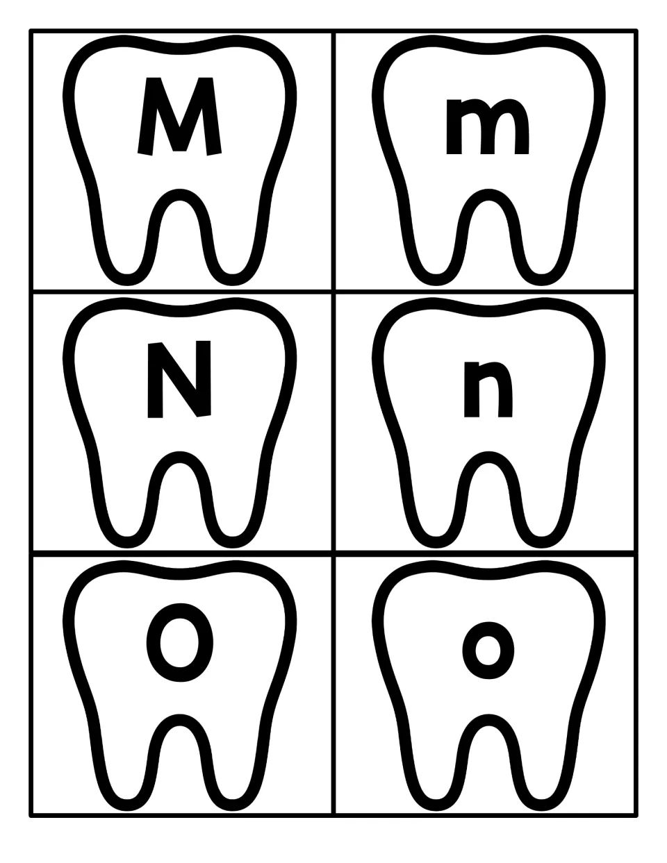M, N and O alphabet teeth: capital and lowercase forms of each letter to cut apart and pair for letter recognition