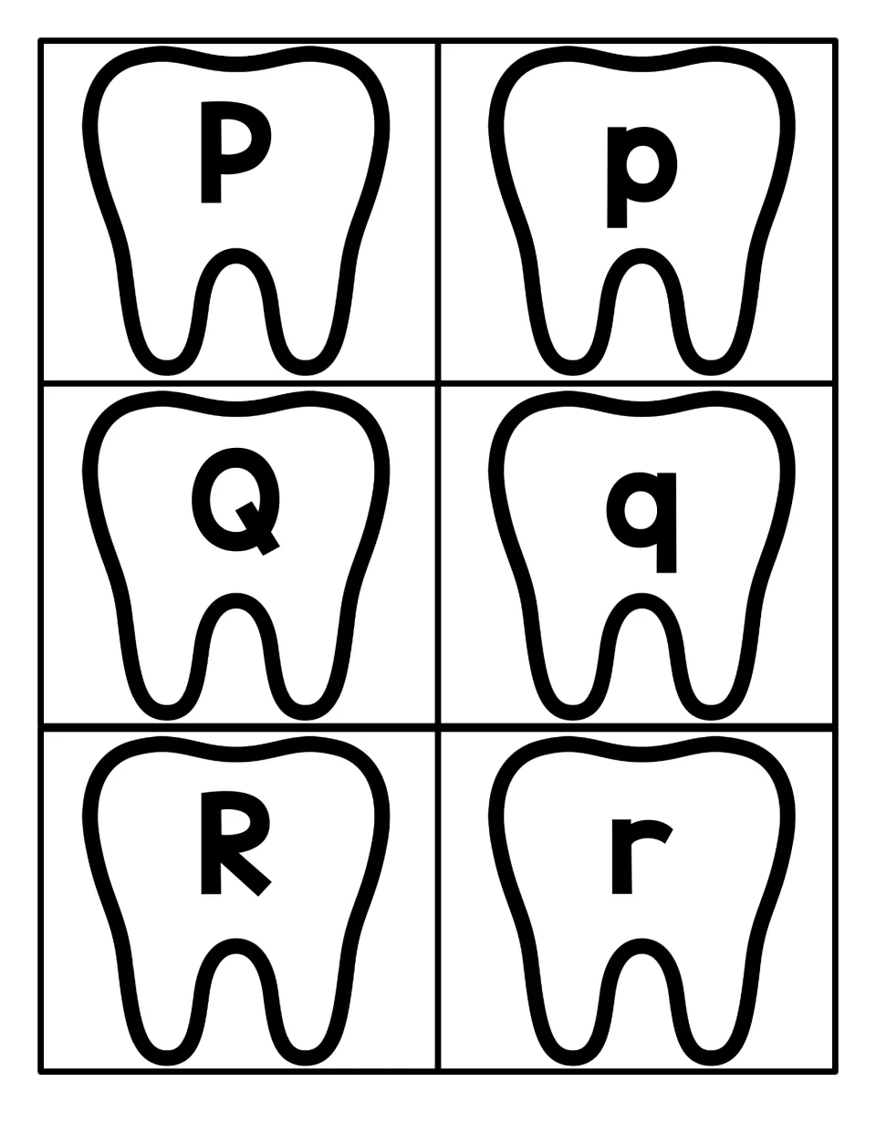 Letters P, Q and R printed on tooth outlines, uppercase on the left and lowercase on the right, for matching letter pairs