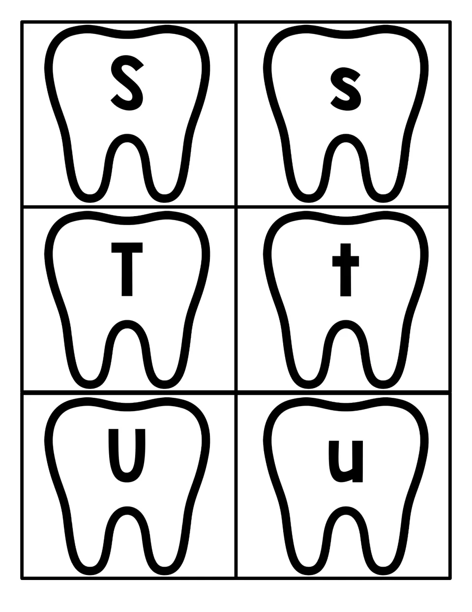 S, T and U tooth cards: students pair uppercase S, T and U with lowercase s, t and u to practise letter identification