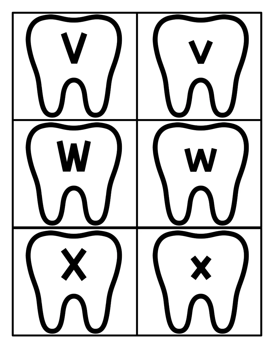 Letters V, W and X in capital and lowercase on six tooth outlines for cutting apart and matching pairs
