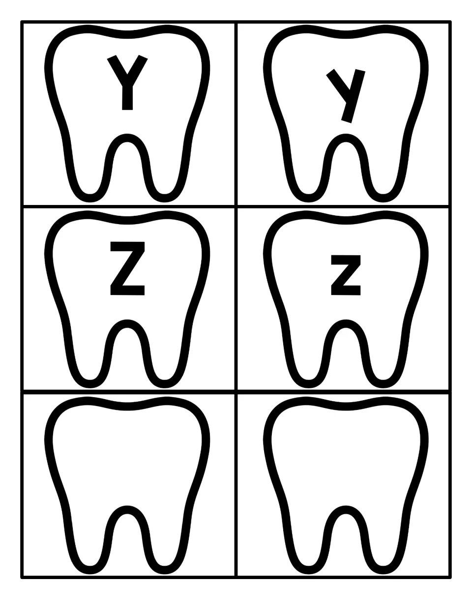 Final letters Y and Z on tooth cards in uppercase and lowercase, plus two blank tooth cards at the bottom of the sheet