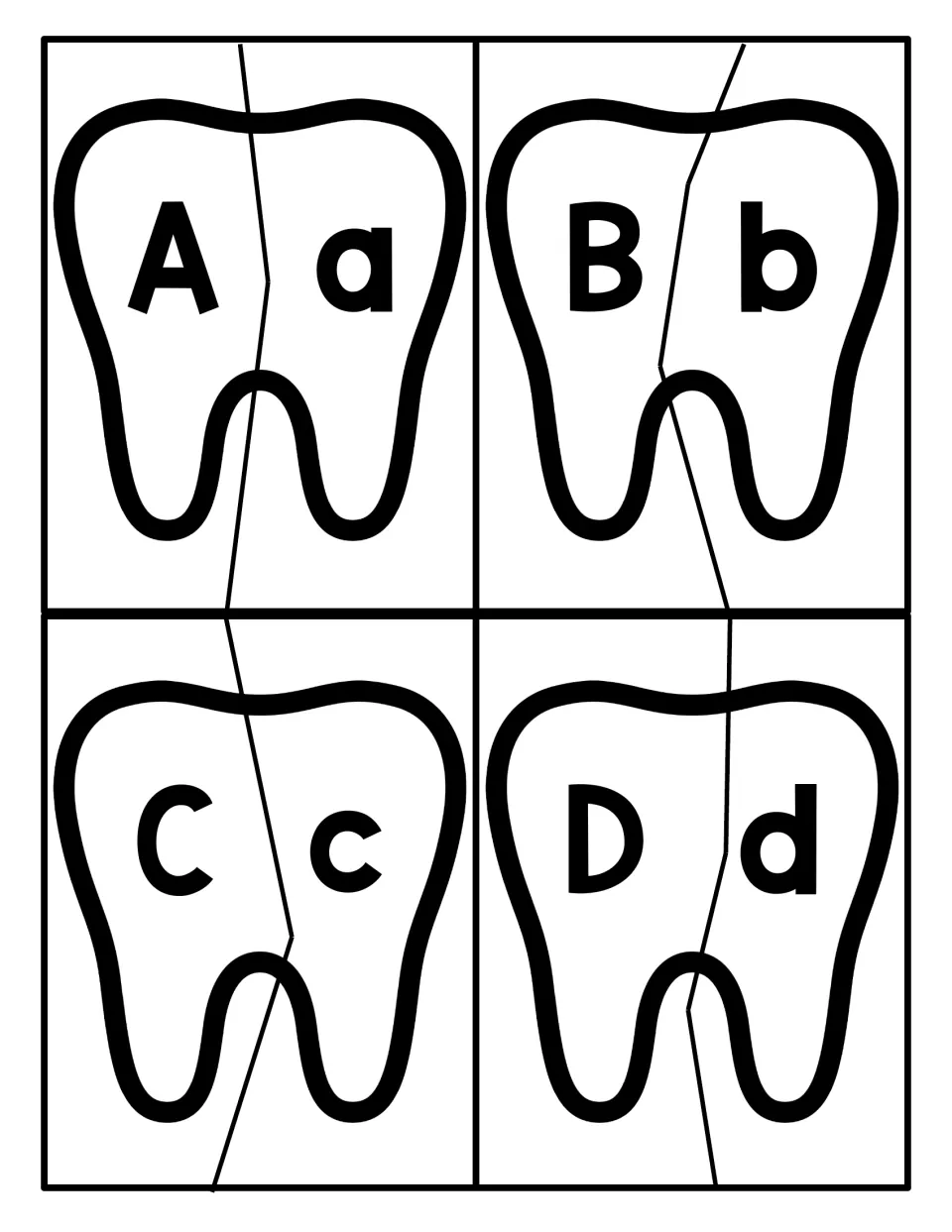 Letters A to D tooth puzzles: students cut each tooth in two and match uppercase A, B, C, D to lowercase a, b, c, d
