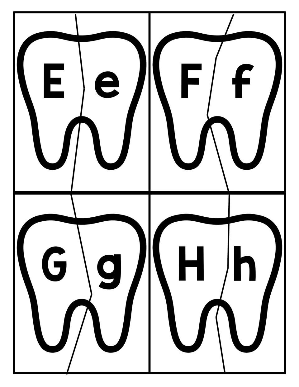 Letters E to H tooth puzzles: students match uppercase E, F, G, H to lowercase e, f, g, h by joining two tooth halves