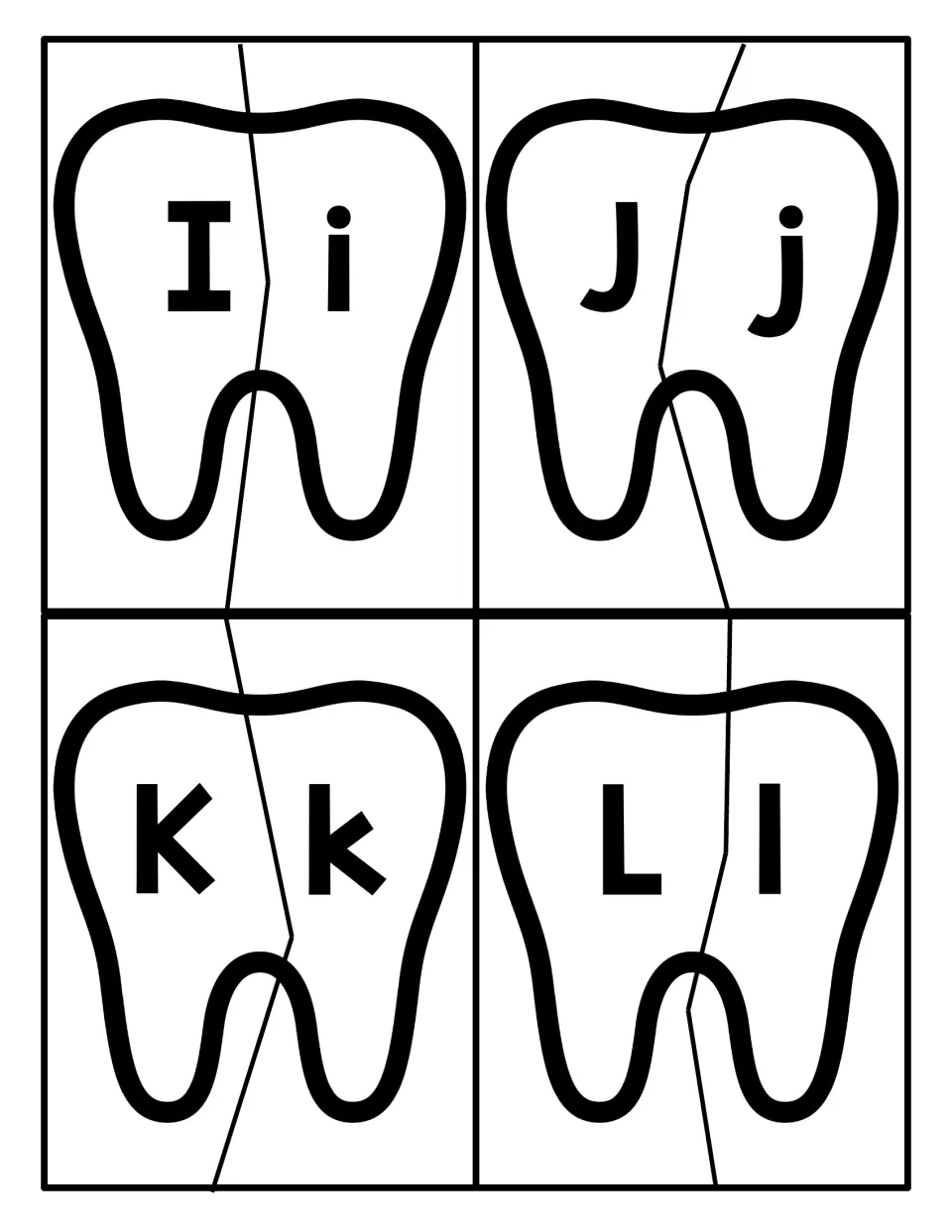 Letters I to L tooth puzzles: students pair uppercase I, J, K, L with lowercase i, j, k, l by fitting tooth halves