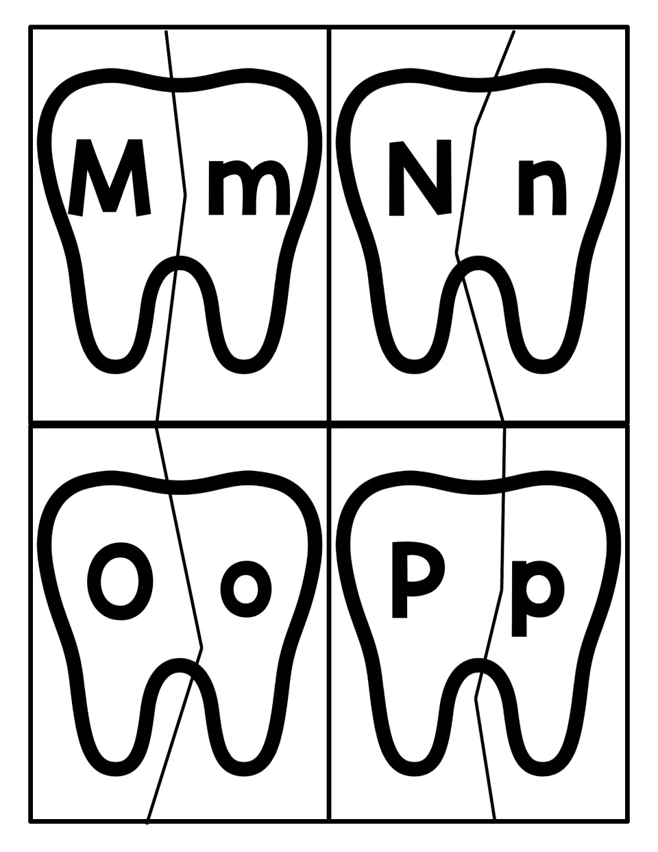 Letters M to P tooth puzzles: students join tooth halves to match uppercase M, N, O, P with lowercase m, n, o, p