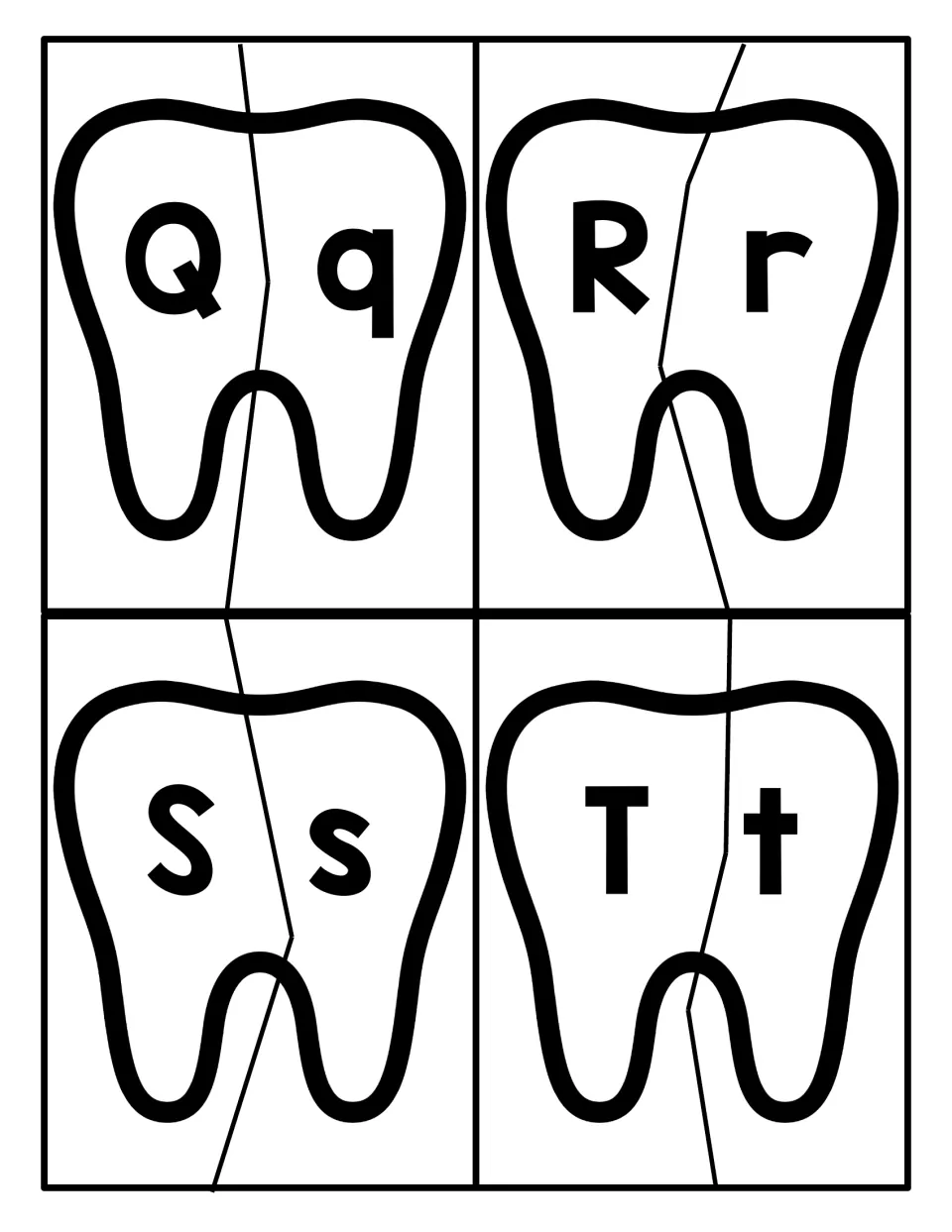 Letters Q to T tooth puzzles: students fit tooth halves together to match uppercase Q, R, S, T to lowercase q, r, s, t