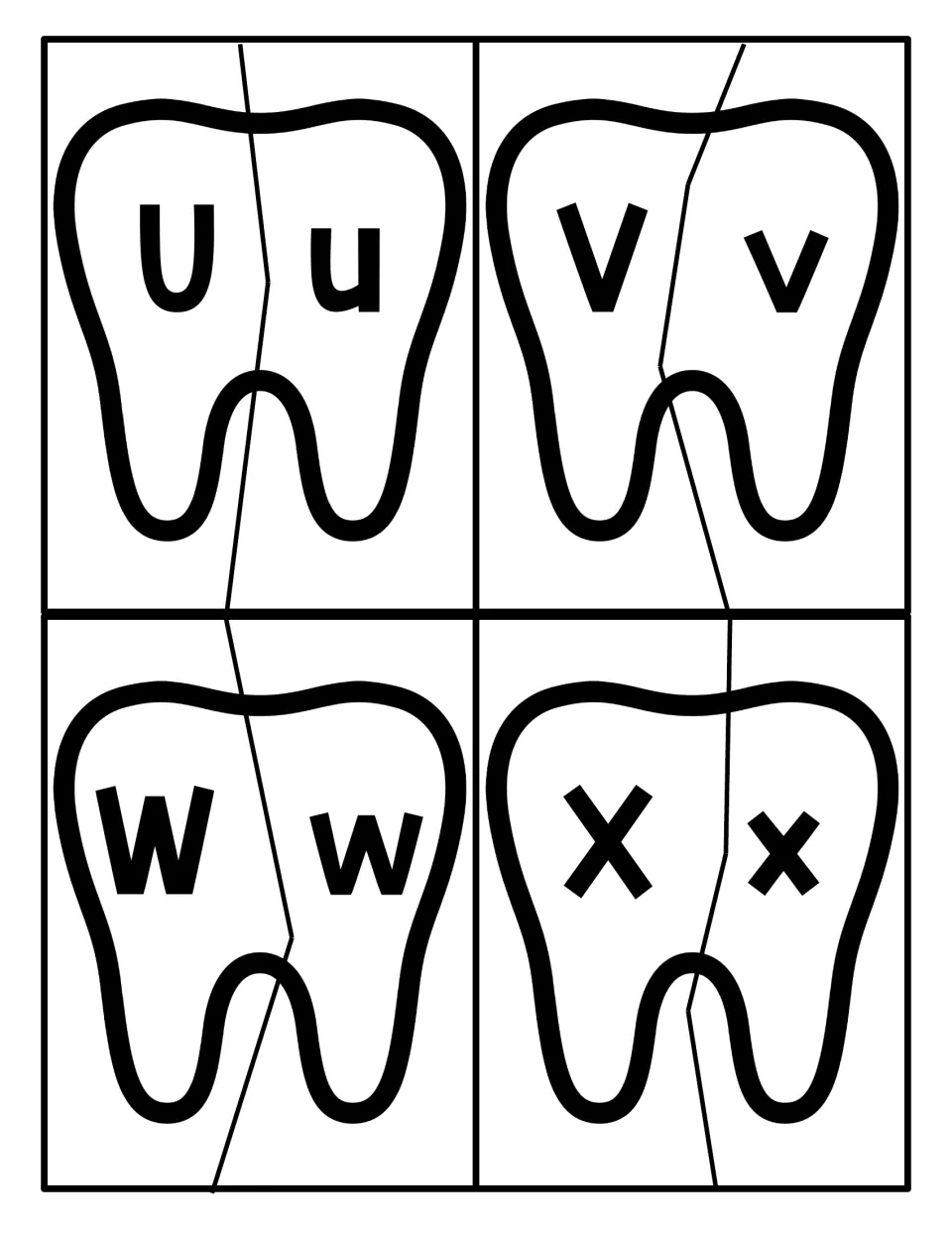 Letters U to X tooth puzzles: students connect tooth halves pairing uppercase U, V, W, X with lowercase u, v, w, x