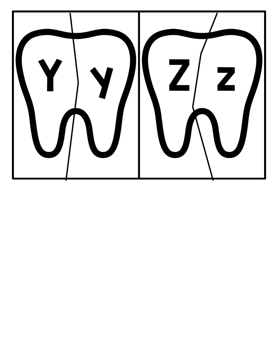 Letters Y and Z tooth puzzles: students match uppercase Y and Z to lowercase y and z by putting two tooth halves together