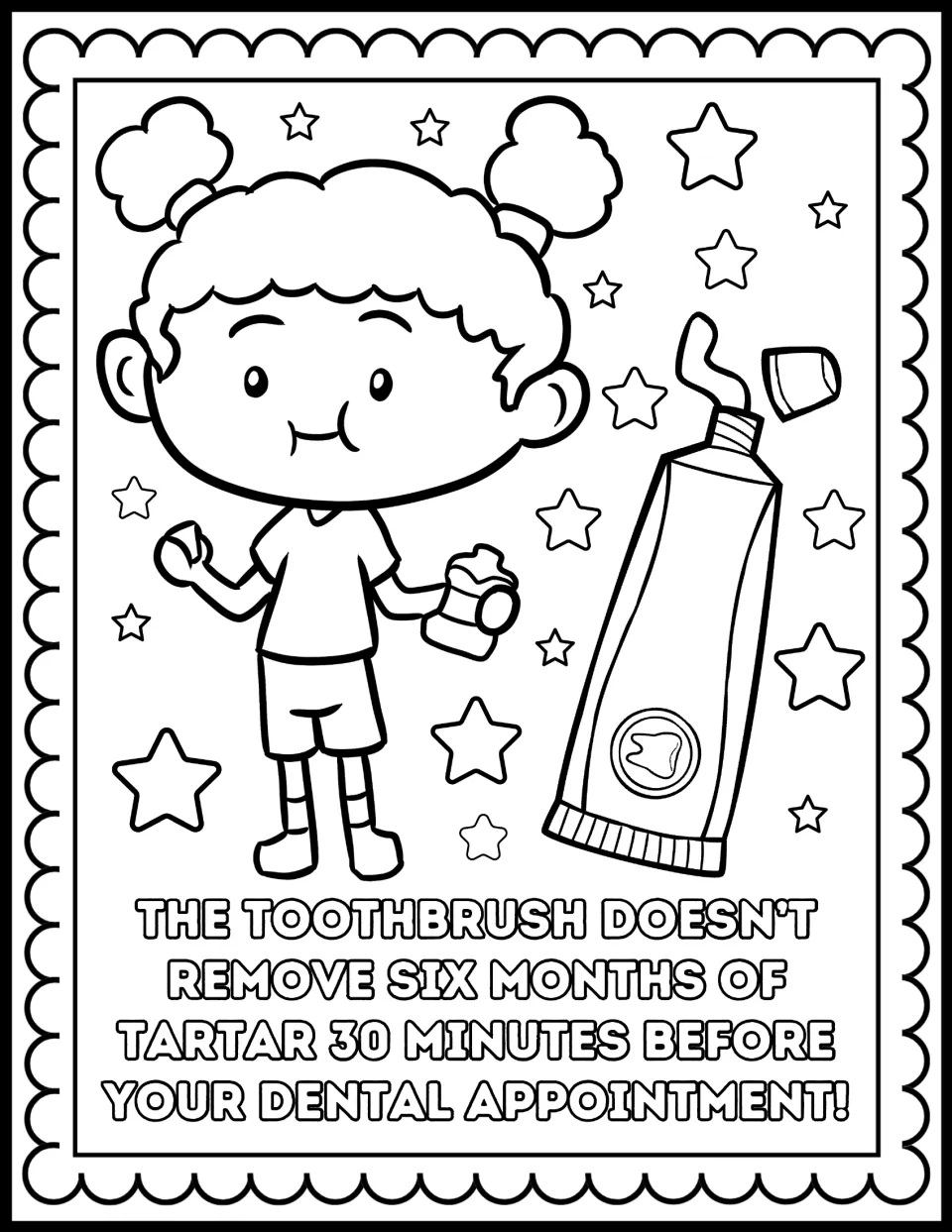 Dental checkup joke about tartar and brushing right before your appointment; students color a girl, a cup and toothpaste