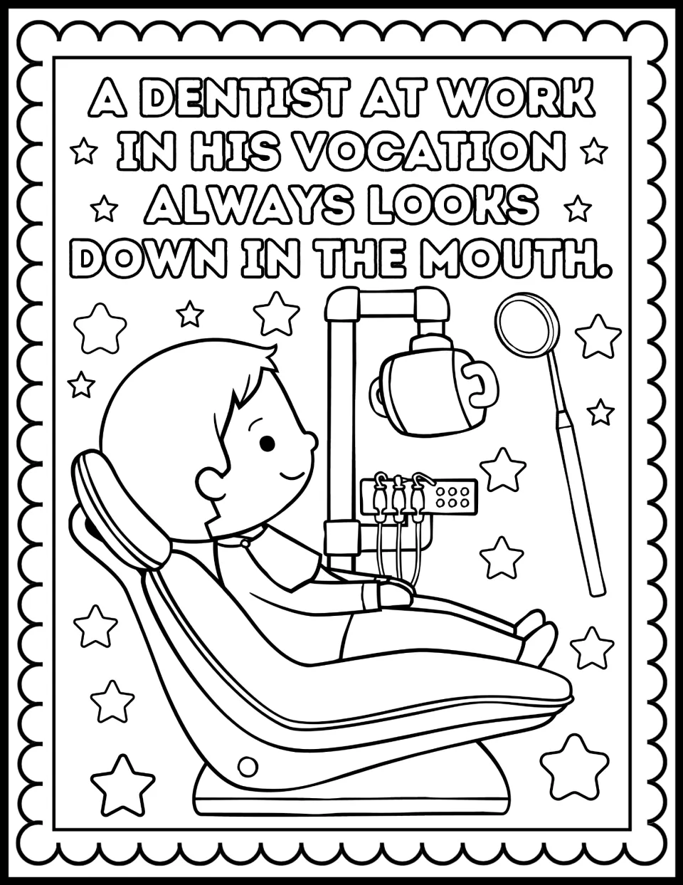 Dentist visit wordplay "always looks down in the mouth" to color, showing a boy in a dental chair, overhead lamp and mirror