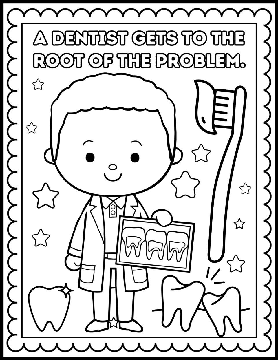 "A dentist gets to the root of the problem" joke; students color a dentist with a tooth X-ray, a toothbrush and three teeth