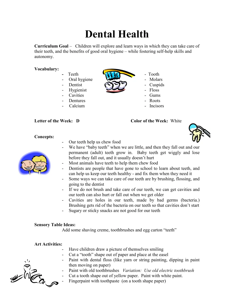Dental health planning page introduces vocabulary, letter D, color white, concepts, sensory play, and art