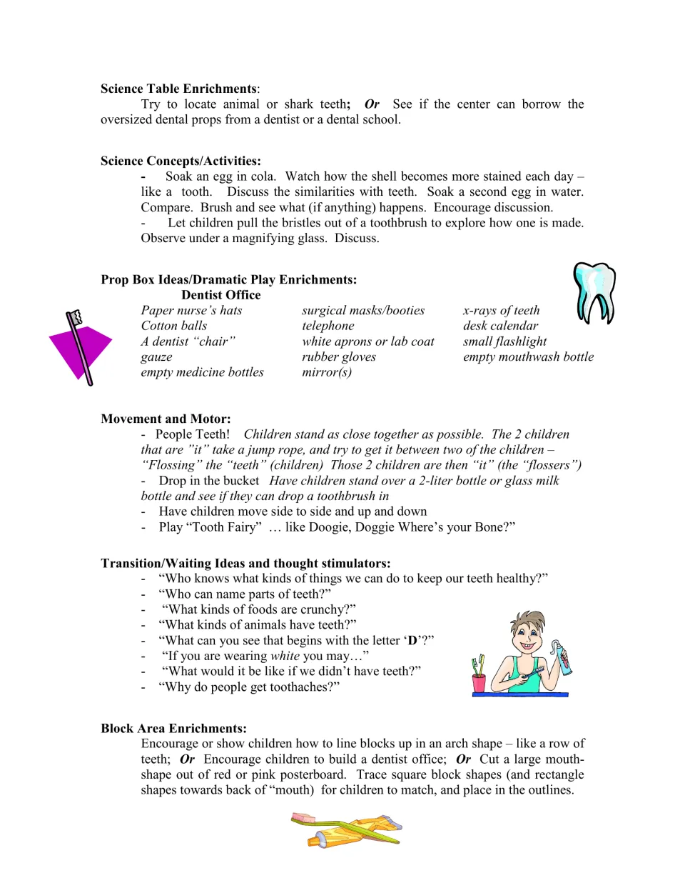 Dental health activity page covers egg staining, dentist office props, movement, waiting prompts, and blocks