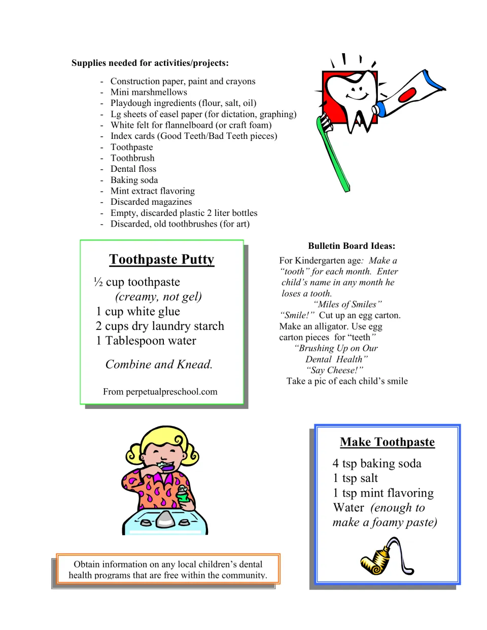 Dental health supply list accompanies Toothpaste Putty and Make Toothpaste recipes and bulletin board ideas