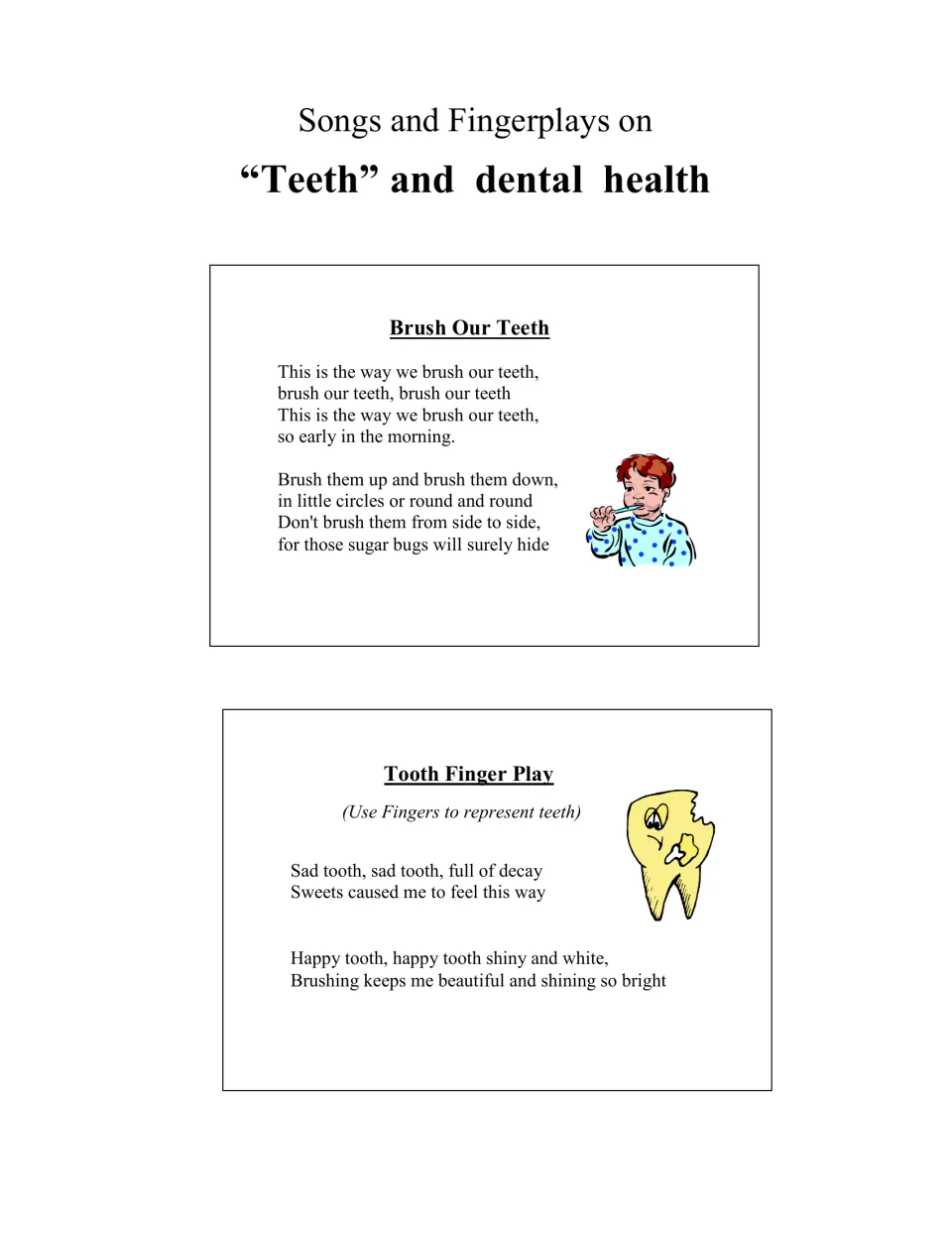 Dental health song and fingerplay page includes 'Brush Our Teeth' and 'Tooth Finger Play' with finger motions