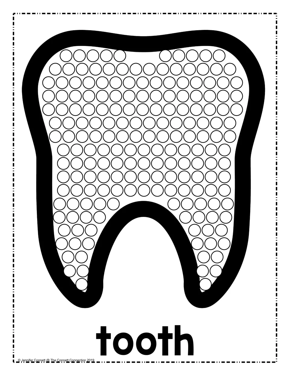 Tooth dot painting: students dab a paint dauber on each circle filling a large molar outline labeled with the word tooth