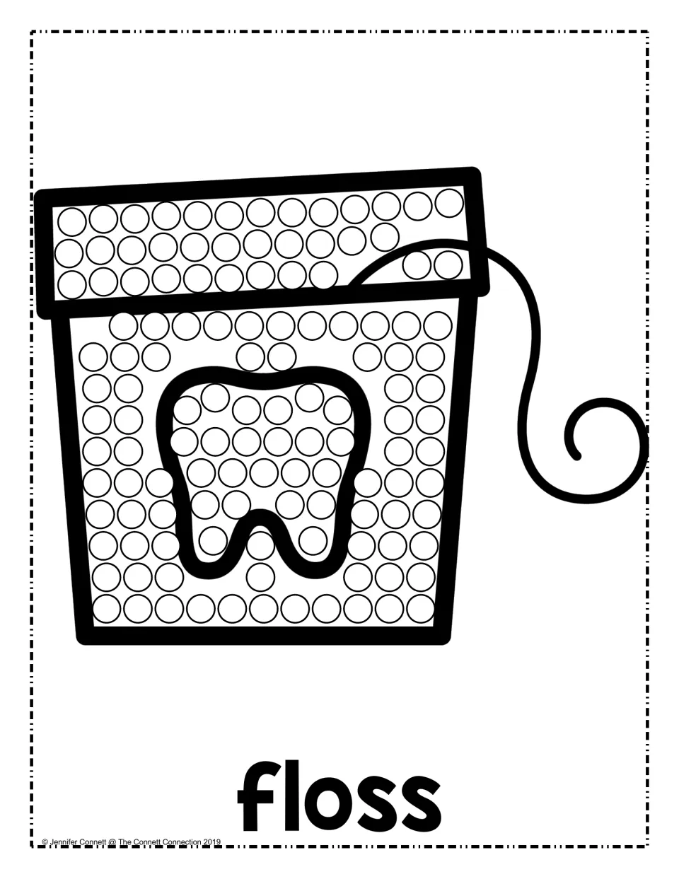 Floss container dot art: children dab each circle on the lid and box with a tooth design and string of floss, labeled floss
