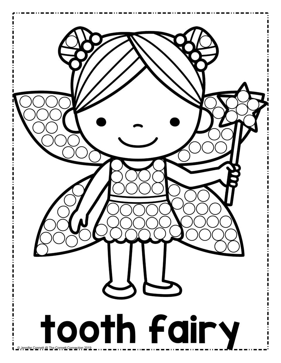 Tooth fairy dot painting: students fill circles on the fairy's wings, dress, hair buns and star wand, labeled tooth fairy